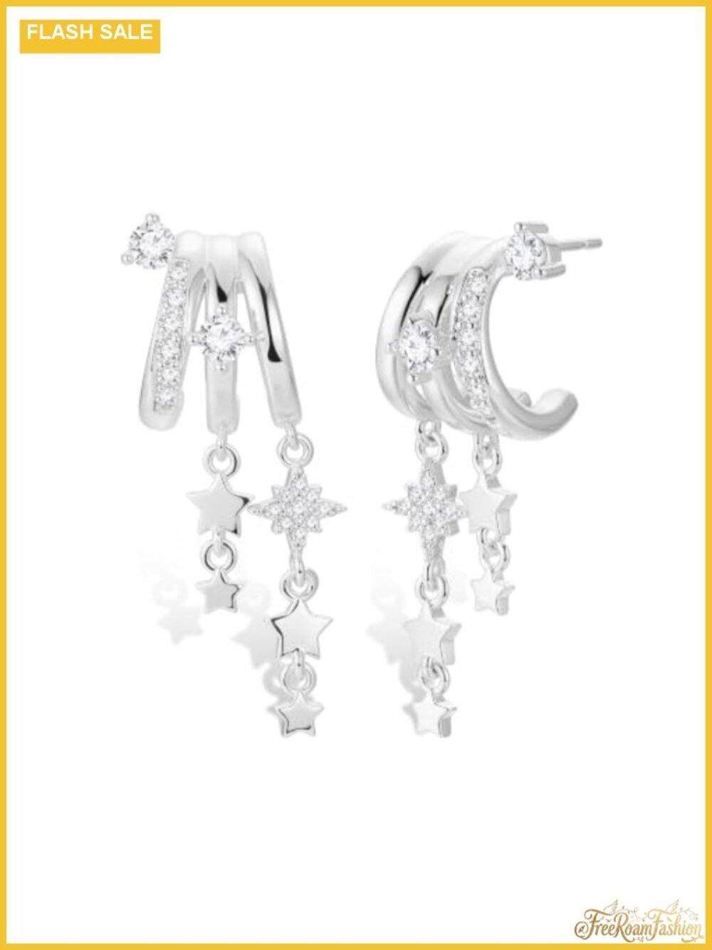 Triple Huggie Illusion Dangle Earrings Sterling Silver Plated Brass CZ Star Drop